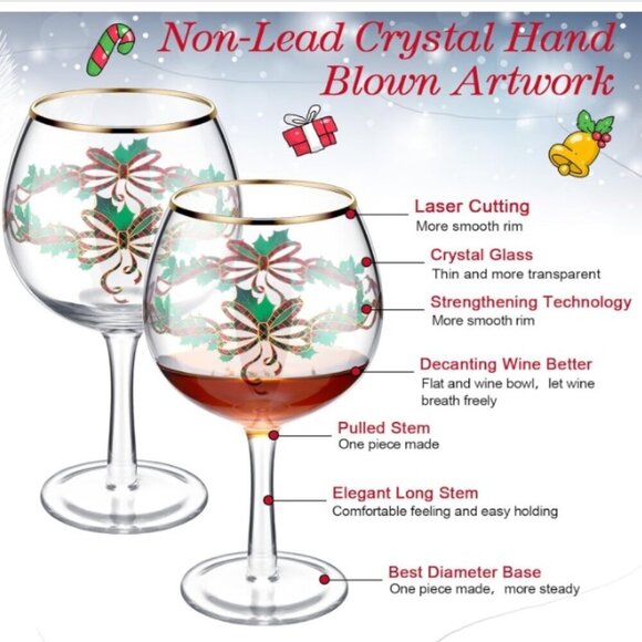 8 Pcs Long Stem Winter Holiday Berry Goblets, Golden Edge - Picture 6 of 10